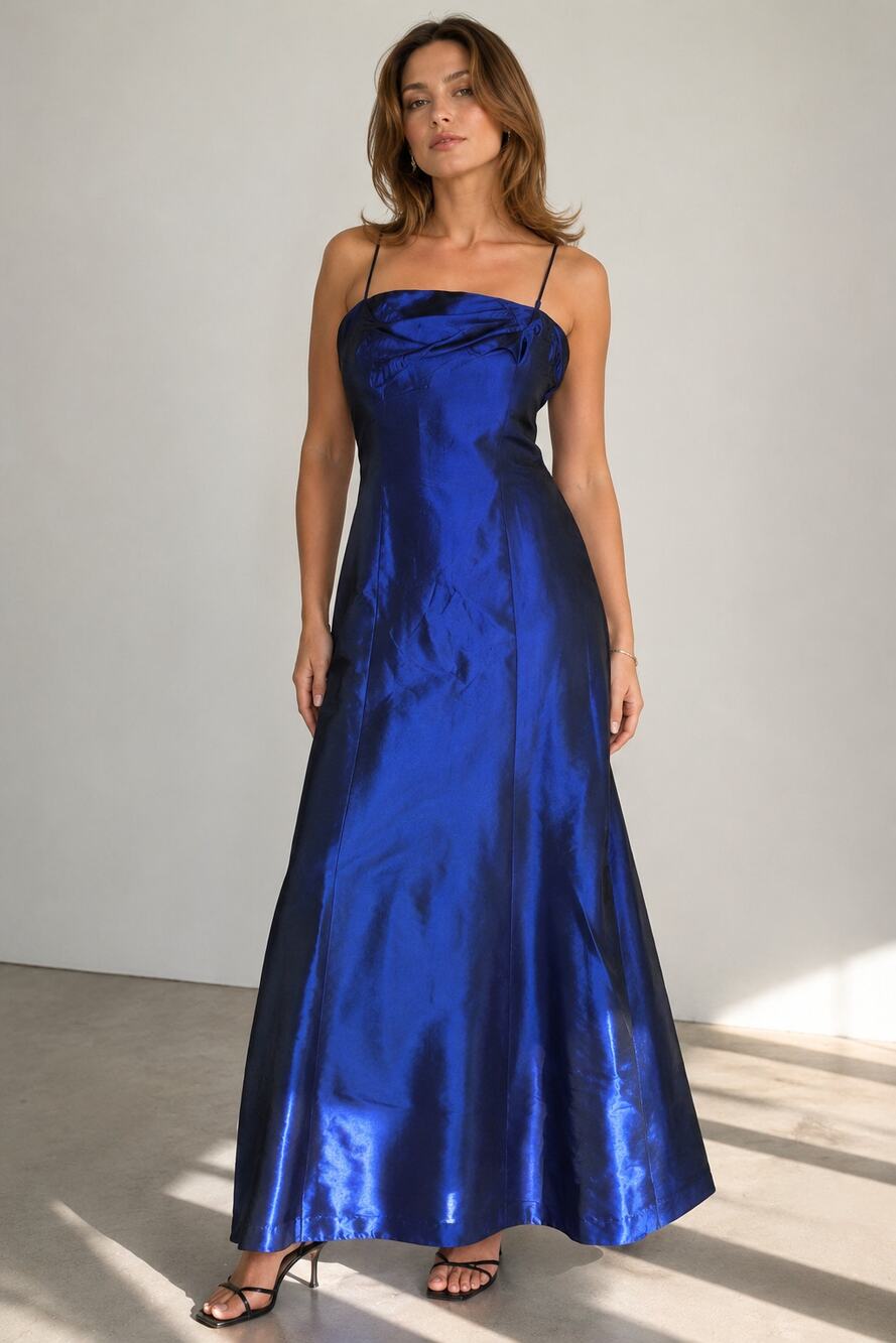 Vintage 90s Faviana Iridescent Blue Gown Sz 9/10 Prom Wedding Guest Retro